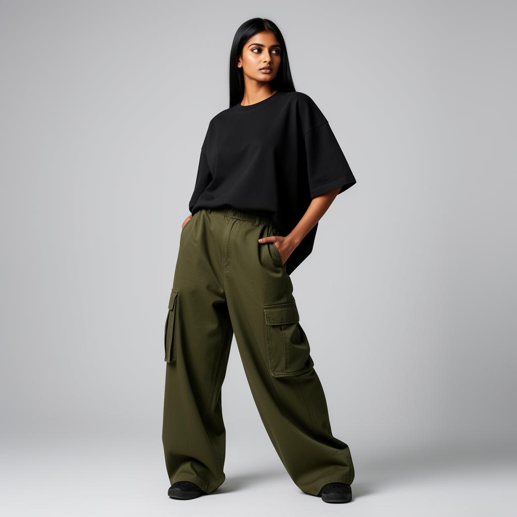 Black oversized tee with olive cargo pants