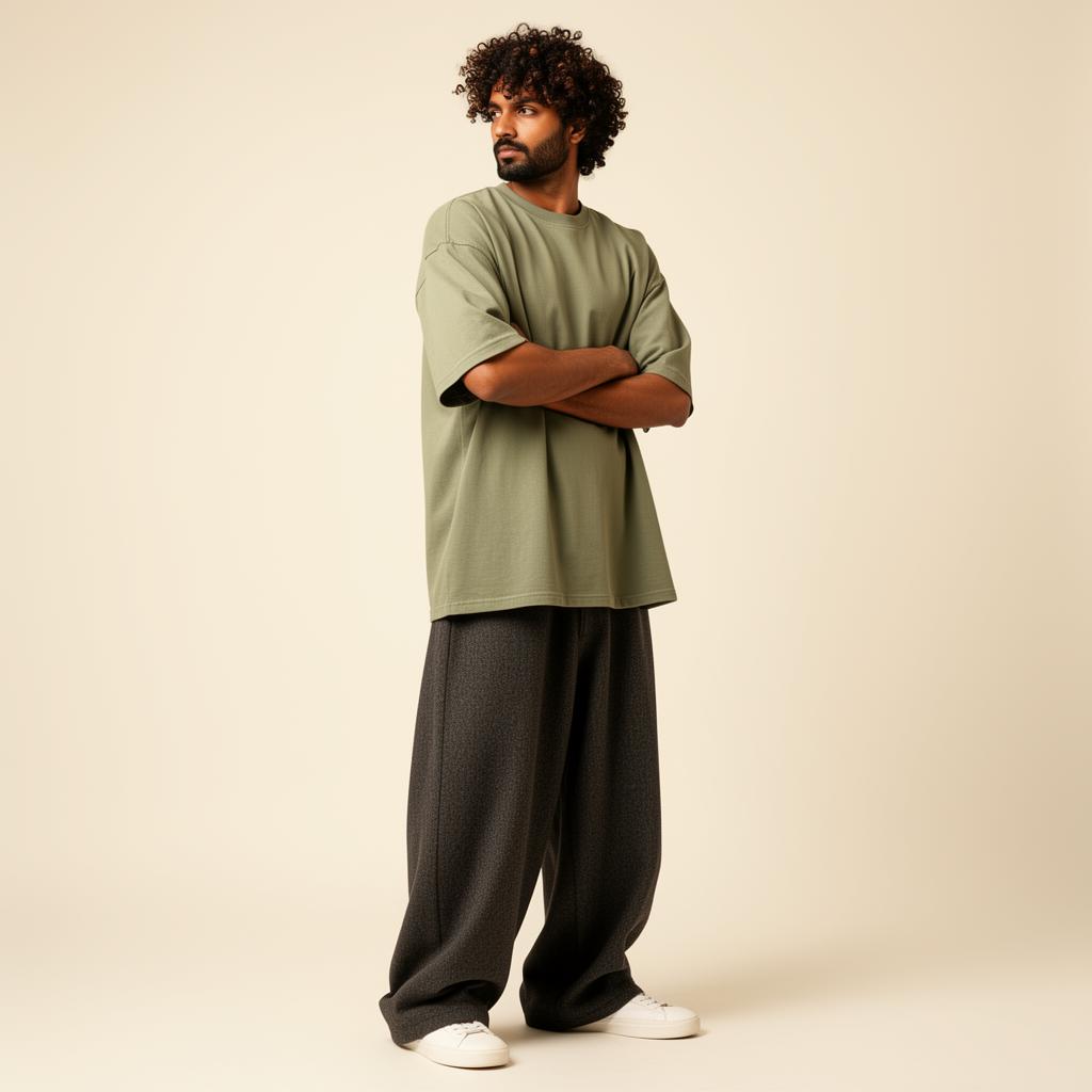 Sage oversized tee with charcoal wide-leg pants