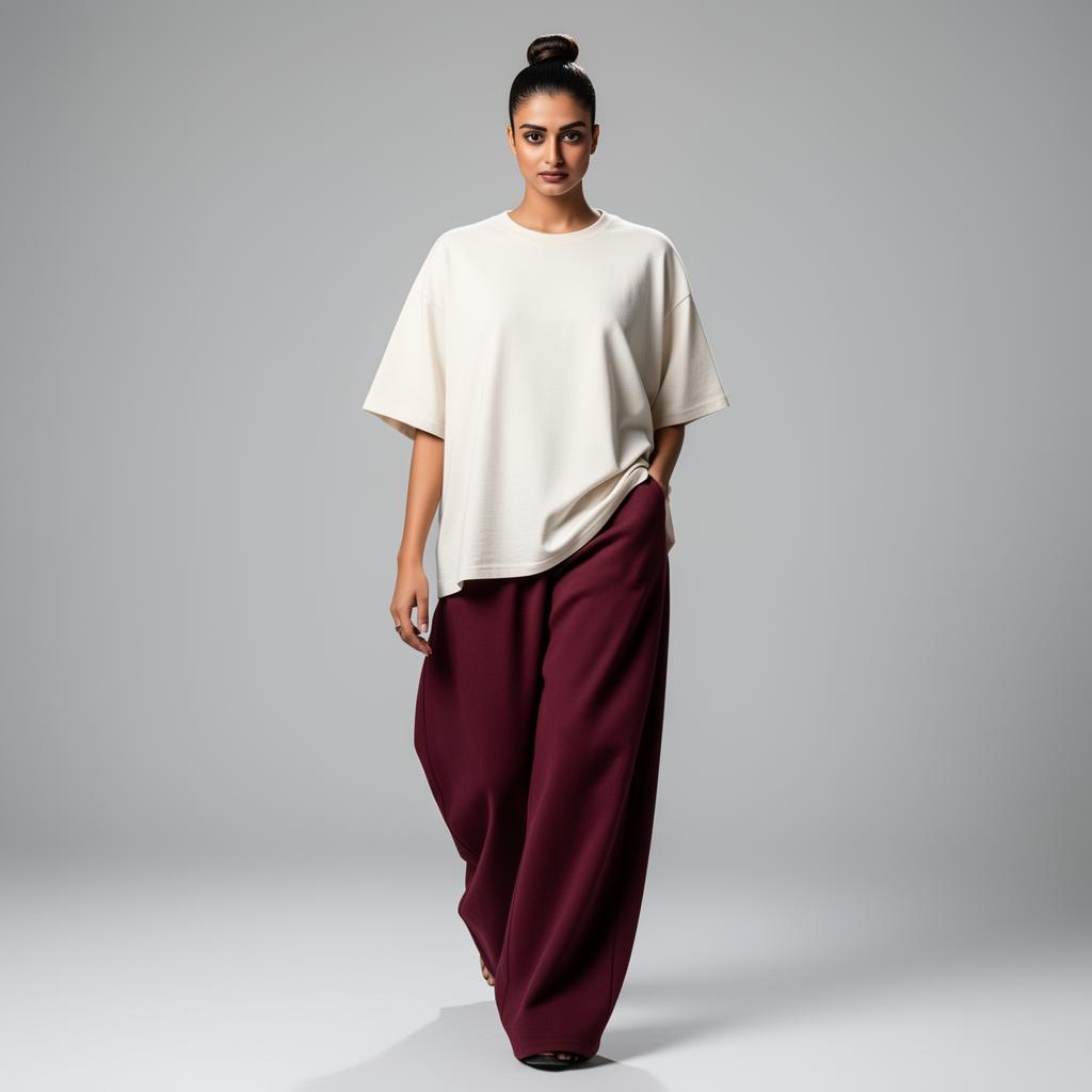 Bone oversized tee with wine wide-leg pants